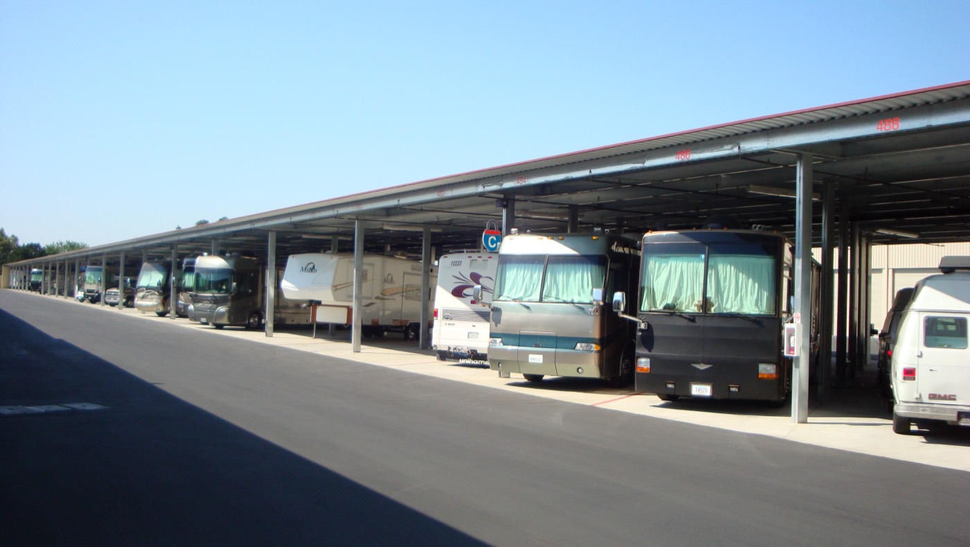 RVs parked under the covered carport at Interstate Storage Livermore
